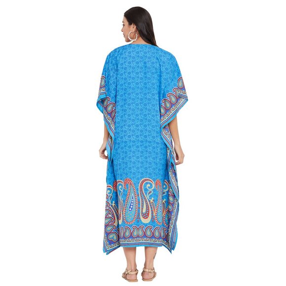 Women Plus Size Fit and Flare Paisley Printed Blue Kaftan Dress by Gypsie Blu - Picture 6 of 8